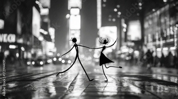 Fototapeta A striking black and white line art photograph, minimalist and expressive. The scene is set on a rain-slicked, brightly lit boulevard of a sprawling metropolis at night.
