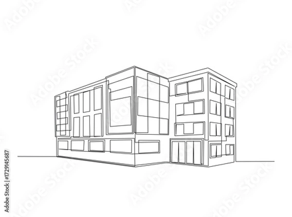 Fototapeta Building architecture in single outline illustration. Continuous line art drawing of modern building construction. Editable stroke.