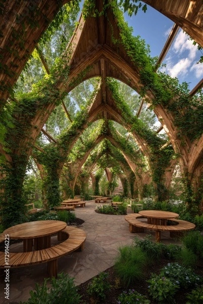 Obraz An enchanting outdoor dining area, nestled beneath a canopy of lush greenery and wooden arches, creates a serene and peaceful atmosphere.