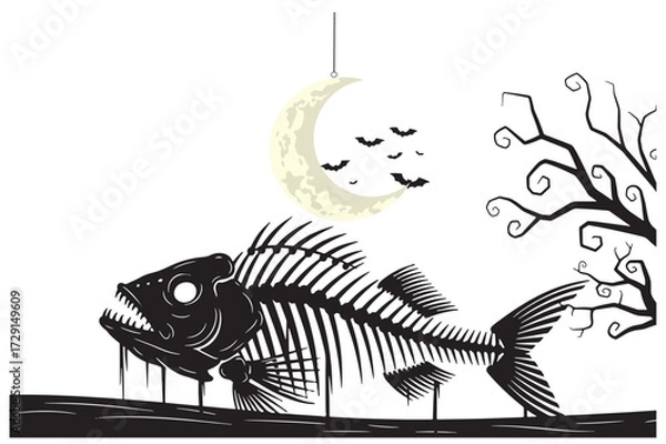 Fototapeta Halloween Vector art of spooky fish skeleton with bats and crescent moon on a dark, eerie night