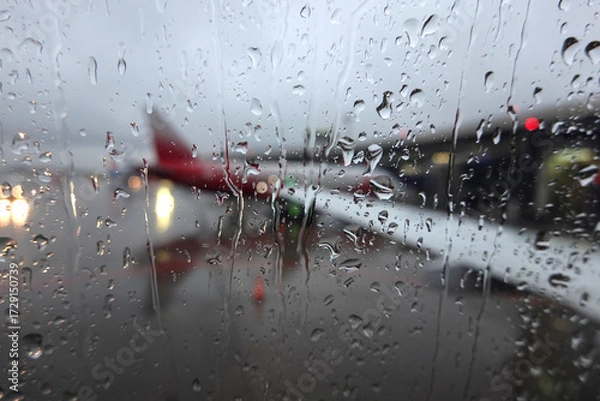 Fototapeta Blurred view to air field with aircrafts through wet glass in the overcast weather in the evening