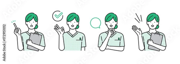 Obraz イラスト素材【介護イメージ】：様々なポーズをとる看護師の女性・シンプルタッチ
