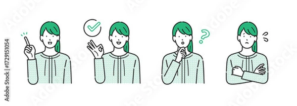 Obraz イラスト素材【介護イメージ】：様々な表情やポーズをとる若い女性・シンプルタッチ