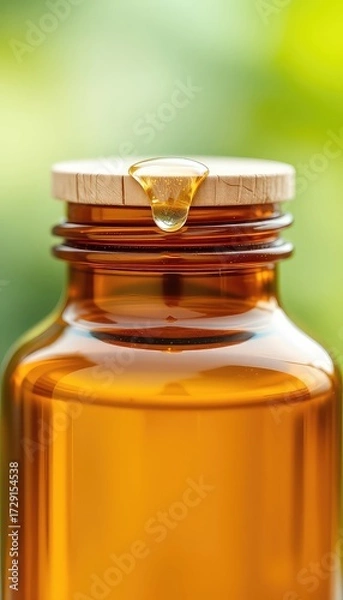 Fototapeta Aromatherapy bottle with golden liquid and a drop on the wooden cap against a blurred natural background