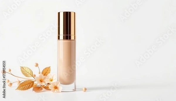 Fototapeta Elegant bottle of foundation with gold accents rests on a clean surface with floral ornamentation