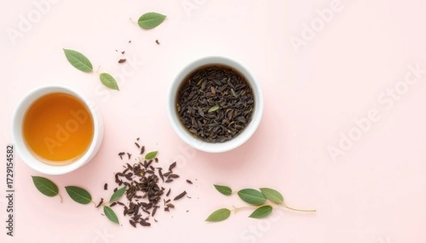 Fototapeta Delicate arrangement displaying refreshing beverage alongside dried leaves and sprigs, emphasizing natural wellness elements on a solid background