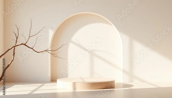 Fototapeta Minimalist exhibit space with a geometric arch and light wood platform, showcasing subtle shadows and an organic branch