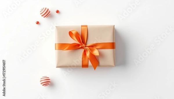 Fototapeta A single present tied with an orange ribbon with small spheres around it on a pure white surface