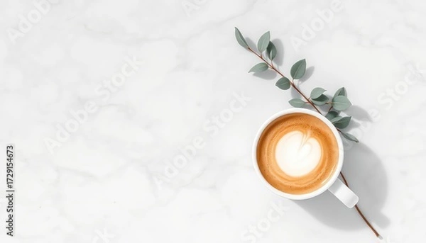 Fototapeta Elegant coffee with latte art presented with a sprig of greenery against a clean marble textured surface, suggesting simplicity and morning refreshment