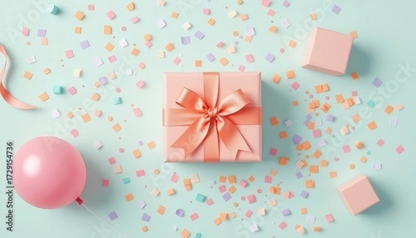 Fototapeta Celebratory layout displaying a wrapped gift with ribbon, balloon, scattered paper squares and small boxes against a pastel colored background