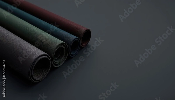 Fototapeta Rolled Fabrics with Textured Surface, Dark Background Displaying Variety of Colors, Used as a Lay Flat or Backdrop