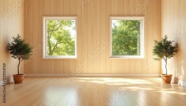 Fototapeta Bright and airy interior space with natural light streaming in through windows with greenery outside, showcasing potted trees and a light wood floor