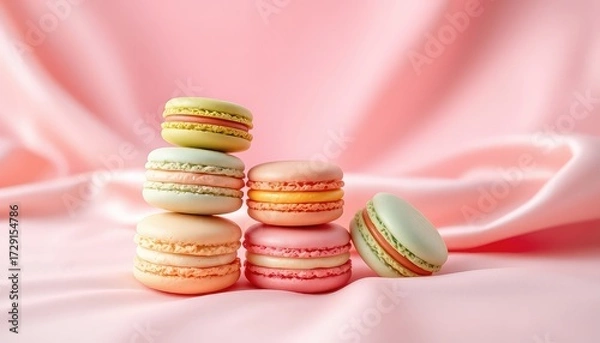 Fototapeta Delicate tower of colorful macarons with cream filling, resting upon a soft, pastel pink silk backdrop creating a refined aesthetic