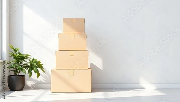 Fototapeta Stacked cardboard boxes against a white wall with a green houseplant next to a sunlit window