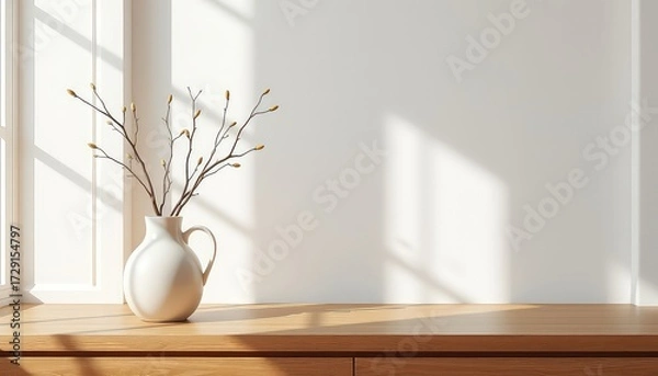 Fototapeta Minimalist serene scene featuring a white vase holding delicate branches in a sunlit interior with a blank wall offering copy space