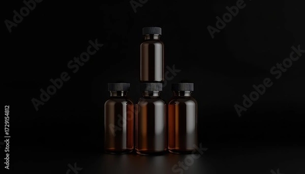 Fototapeta Four brown bottles with dark caps are arranged in a pyramid formation against a solid black background