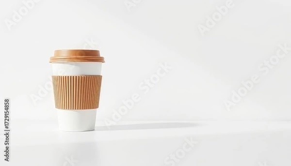 Fototapeta Disposable beverage container with lid and sleeve ready for hot drink on bright white background