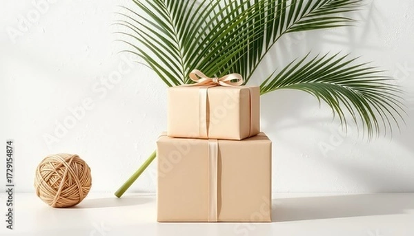 Fototapeta Aesthetic still life featuring stacked presents, natural twine, and greenery against a textured white backdrop for an upscale event