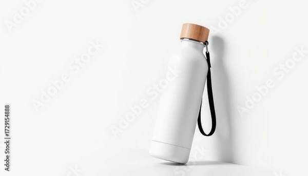 Fototapeta Minimalist composition showcasing a white reusable water bottle with a wooden cap and a black carrying strap on a clean white surface