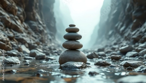 Fototapeta Zen Balance Stacked Rocks in a Calm, Misty River Valley Reflecting Serenity, Harmony and Peaceful Natural Environment