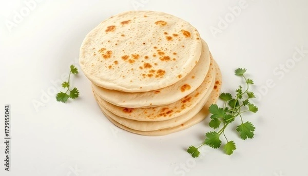 Fototapeta Stack of fresh, delicious flatbreads with light browning, ready to be filled, alongside some vibrant green herbs