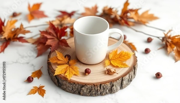Fototapeta Warm beverage cup surrounded by beautiful autumn leaves and seed pods on a rustic wooden slice atop a white surface