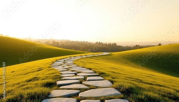 Fototapeta A winding stone path guides through a rolling field of green grass bathed in the soft light of the golden hour