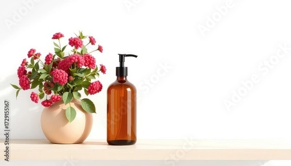 Fototapeta Floral Arrangement in a Round Vase next to a Brown Bottle with a Dispenser Pump on a Light Wood Surface