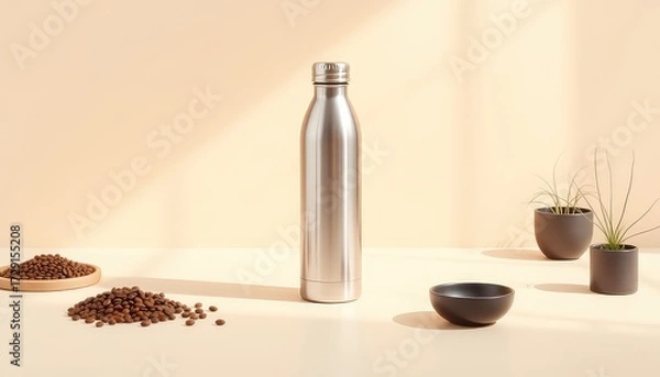 Fototapeta Elegant minimalist setting featuring a stainless steel bottle, coffee beans, and potted plants on a neutral background