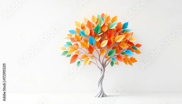Fototapeta A whimsical tree illustration with vibrant colorful leaves against a bright, minimalist background creating a sense of growth and cheer