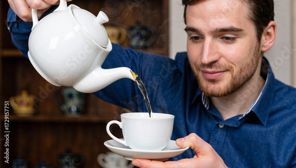 Fototapeta Man Pouring Tea From Teapot Into Teacup