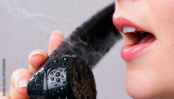 Fototapeta Person Speaking Into Wet, Smoking Object