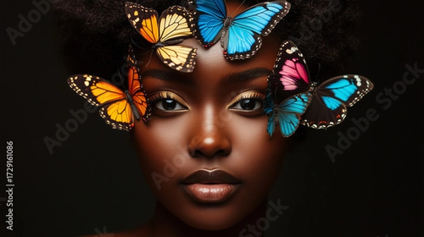 Fototapeta Artistic portrait of a woman with expressive eyes and colorful butterflies on her face creating a magical and mysterious look