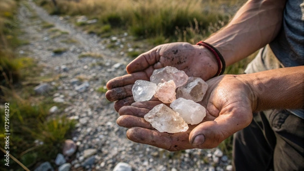 Fototapeta Earth-covered hands tightly holding raw crystals outdoors, capturing geology exploration, mineral discovery, and natural gemstone connection.”