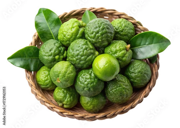 Fototapeta A woven basket filled with fresh green kaffir limes and leaves isolated on transparent background