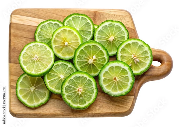 Fototapeta Freshly sliced green citrus fruit rings arranged on a wooden cutting board isolated on transparent background