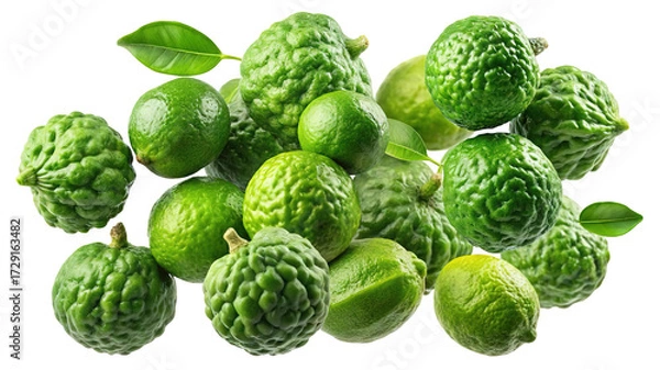 Fototapeta A vibrant pile of fresh green kaffir lime fruits with leaves isolated on transparent background