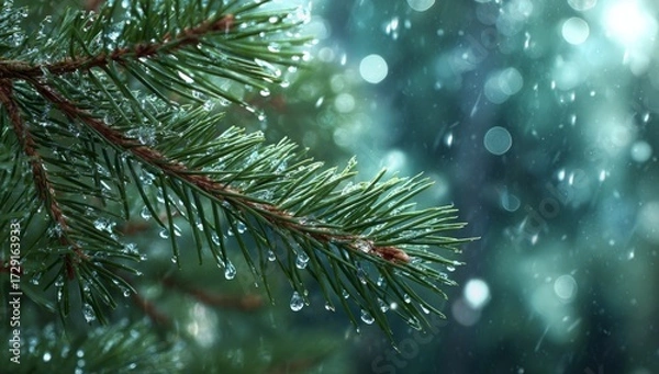 Fototapeta Close Up of Pine Tree Branch with Water Droplets in Winter Scene