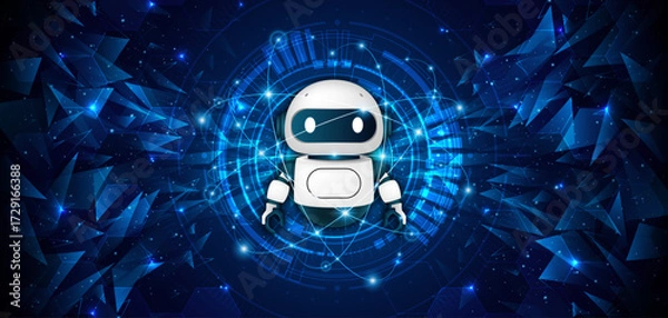 Fototapeta Artificial intelligence robot. Modern technology. Intelligent assistant robot of the future world. Chatbot mascot on a blue background.	