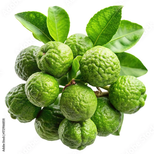 Fototapeta Vibrant green kaffir lime fruits with leaves isolated on transparent background