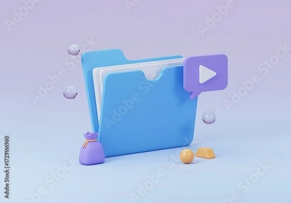 Fototapeta Illustrative Blue Folder with Video Play Icon and Business Elements Rendered in 3D Graphics for Online Content Management and Financial Data