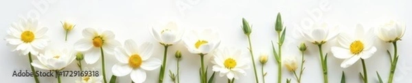 Fototapeta White spring flowers arranged in a flatlay pattern, clean white background, springtime, subtle, background