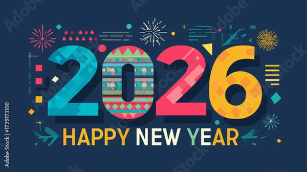 Fototapeta Happy New Year 2026 with Creative Colorful Typography and Fireworks