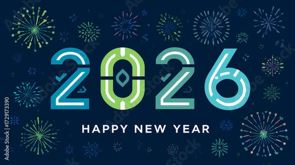 Fototapeta Happy New Year 2026 with Modern Blue and Green Typography and Fireworks