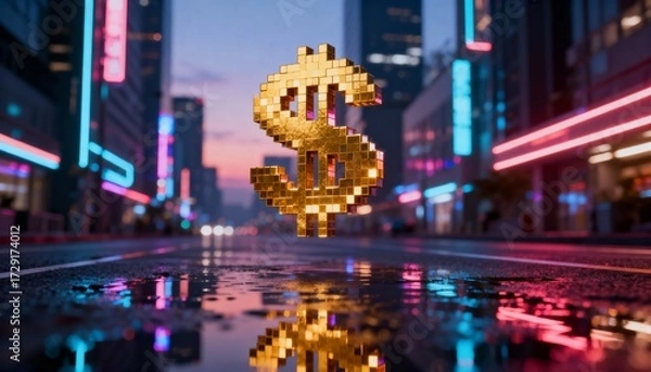 Fototapeta Dynamic business investment symbol in urban setting digital art night scene reflective environment