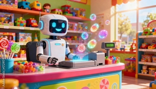 Fototapeta Robotic cashier assists customers in colorful toy store creating a fun shopping experience bright and engaging atmosphere