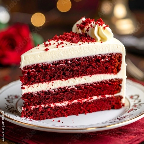 Obraz Close-up of a slice of red velvet cake with cream cheese frosting, topped with red crumbs and served on an elegant plate, gourmet dessert photography style