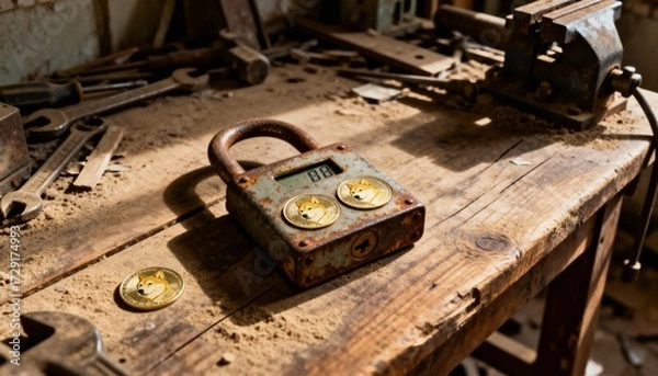Fototapeta Unlocking secrets vintage padlock on workbench workshop artifacts rustic environment close-up perspective