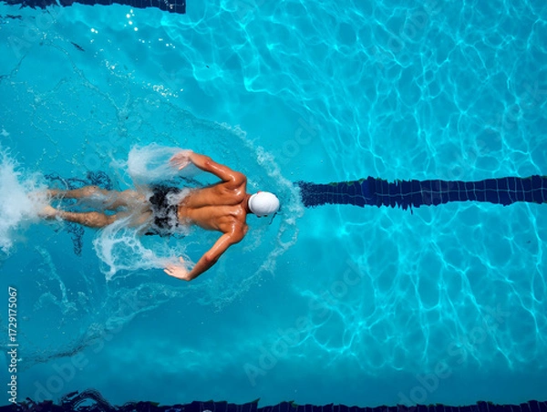 Fototapeta Swimmer focuses on technique, performing a freestyle stroke in a bright indoor pool while water splashes around, showcasing speed and agility. Generative AI.