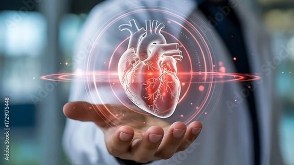 Fototapeta Futuristic Digital X-Ray Hologram of a Human Heart Floating in Midair – High-Tech Medical Visualization